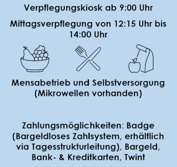 Verpflegungskiosk ab 9:00 Uhr, Mittagsverpflegung von 12:15 Uhr bis 14:00 Uhr, Mensabetrieb und Selbstversorgung (Mikrowellen vorhanden), Zahlungsmöglichkeiten: Badge (Bargeldloses Zahlsystem, erhältlich via Tagesstrukturleitung), Bargeld Bank- & Kreditkarten, Twint